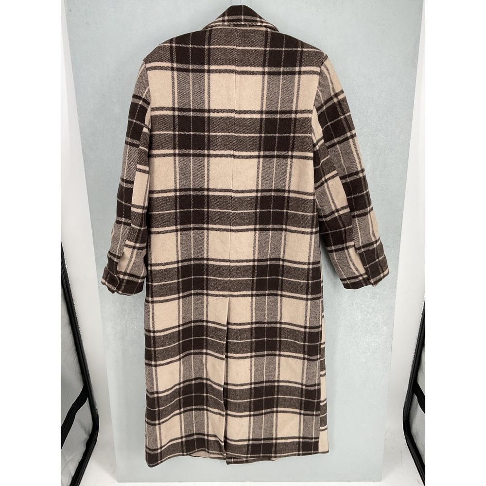 Zara Womens Overcoat Plaid Wool Blend Double Breasted Longline Brown XS - Picture 3 of 6